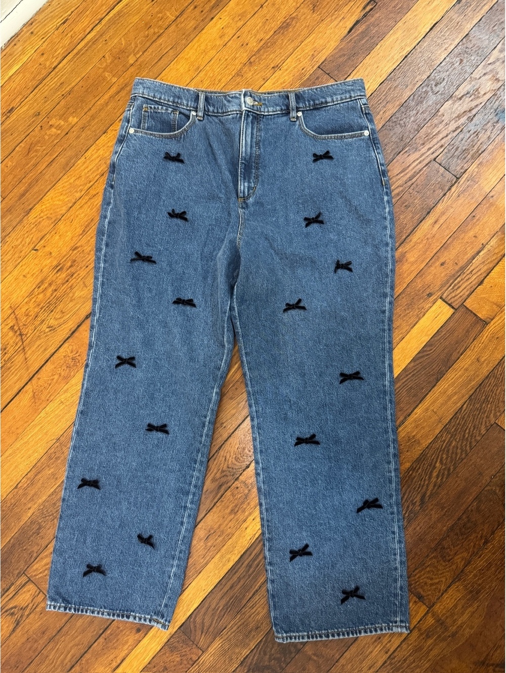 Ann Taylor Loft Straight High Rise Jean Velvet Bow, Bright Mid Indigo